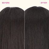 Before and after comparison of black hair extensions on a white background