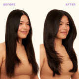 Before and after comparison of a woman with long straight and wavy hair.