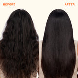 Before and after comparison of hair treatment showing a person with straightened, smooth hair.