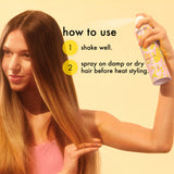 Woman using a hair spray product with text on how to use it against a yellow background