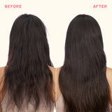 Before and after comparison of long, dark hair on a plain background