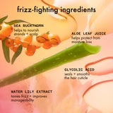 Illustration of frizz-fighting ingredients with sea buckthorn, aloe leaf juice, glycolic acid, and water lily extract on a colorful background.