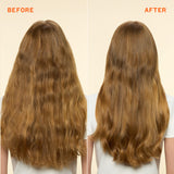 before and after image showing the back of a woman’s light brown wavy hair. the left “before” side looks dry and frizzy; the right “after” side appears smoother, shinier, and more defined.