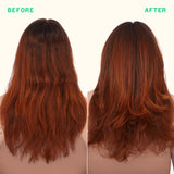 Before and after comparison of hair color treatment on a person with long, wavy hair.