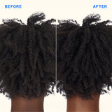Before and after comparison of textured hair on a white background