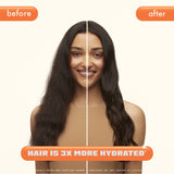 a before an after model image. left side is before, right side is after. text reads: hair is 3x more hydrated*. disclaimer reads: *clinically proven when hydro rush shampoo + conditioner are used together as a system. 