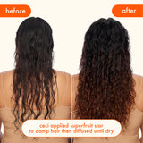 before + after image: model shown with hair styled before and after using amika superfruit star styling oil. Text reads: "Ceci applied superfruit star to damp hair then diffused until dry"