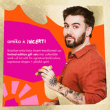 Promotional graphic featuring a man with tattoos and a beard wearing a rust-orange shirt, holding a small yellow object, set against abstract orange, pink, and beige shapes with text reading 'amika x INCERTI'.