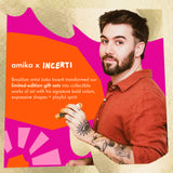Promotional graphic featuring a man in a rust-red shirt holding a small object, with bold graphic shapes in orange, magenta, and cream, plus text reading 'amika x INCERTI' and a paragraph describing a collaboration with Brazilian artist João Incerti.
