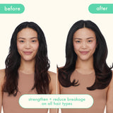 a before and after image of a brunette model facing forward. the model used products from the kure collection. the kure collection helps strengthen and reduce breakage on all hair types. 