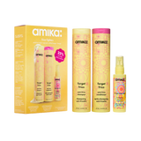 image of the standard size anti-frizz shampoo and conditioner, alongside a travel-sized frizz-me-not. 