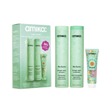 amika mane menders was + care routine set for strength repair. display box next to the kure strength repair shampoo + conditioner bottles (275 ml / 9.2 oz), and the kure intense strength repair mask (30 ml / 1 oz)