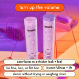 turn up the volume: amika 3D shampoo and conditioner contributes to a thicker look + feel, for fine limp or flat hair, instant fullness + lift, cleans without drying or weighing down