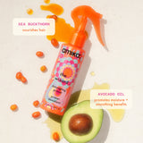 image of the amika silicone-free detangling primer. text: "magic ingredients: squalane - helps protect from moisture loss, avocado oil - promotes moisture + smoothing benefits, sea buckthorn - nourishes hair"