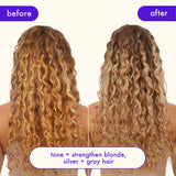 amika’s bust your brass system tones and strengthens blonde, silver, and gray hair. the before image shows a model's hair with brassy, warm tones, while the after highlights cooler, brighter hues with refreshed vibrancy and shine. hair appears healthier, stronger, and more balanced, with brassiness visibly neutralized.