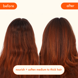 before and after image: hair on the left is before using amika normcore shampoo + conditioner, hair on the right is after. text: nourish + soften medium to thick hair. 