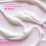 a close-up of a creamy, whipped texture fills the frame on a soft pink background. text reads “clinically proven to keep skin hydrated up to 48 hours.” small text at the bottom notes the claim is based on a clinical study of 22 participants.