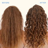 Before and after comparison of hair styling with curls on a white background