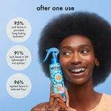 Woman holding a bottle of hair product with positive feedback on a blue background