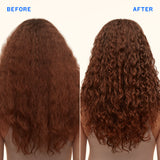Before and after comparison of curly hair with 'Before' on the left and 'After' on the right.