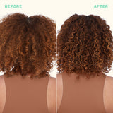 Before and after comparison of curly hair with a neutral background