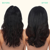 Before and after comparison of hair styling on a person with long, dark hair.