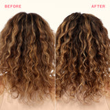 Before and after comparison of wavy hair with a neutral background
