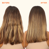 before and after image: hair on the left is before using amika normcore shampoo + conditioner, hair on the right is after. 