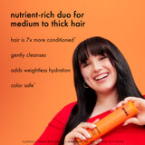 Woman holding an orange bottle with text about hair care product on an orange background
