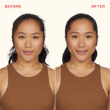 Before and after comparison of a woman wearing a brown tank top on a white background.