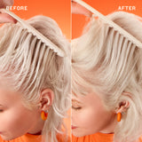 Before and after comparison of a person with blonde hair, showing a comb through the hair on an orange background.