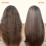 Before and after comparison of hair treatment on a person with long, dark hair.