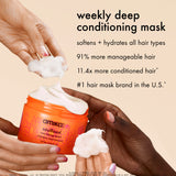Amika weekly deep conditioning mask with hands applying it on a beige background