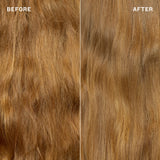 before and after image showing the back of a woman’s light brown wavy hair. the left “before” side looks dry and frizzy; the right “after” side appears smoother, shinier, and more defined.