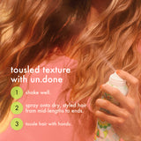 Person applying hair spray with text on how to use it, featuring a brand logo.