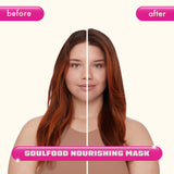 Side-by-side image showing a woman with red hair before and after using the Soulfood Nourishing Mask. The left side (before) shows slightly frizzy, less shiny hair, while the right side (after) shows smoother, shinier, and more vibrant hair. A pink and white banner at the bottom reads ‘Soulfood Nourishing Mask.