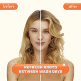 Side-by-side image showing a woman with blonde, shoulder-length hair before and after using a product. The left side (before) shows slightly flat and less voluminous hair, while the right side (after) shows refreshed, lifted roots with more volume and bounce. The top corners have orange labels reading 'before' and 'after.' At the bottom of the image, an orange and white banner reads 'Refresh Roots Between Wash Days.' The woman is wearing a neutral-colored top, and the background is a light cream color.