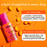 infographic: a bottle of amika superfruit star oil lays against an orange background with sea buckthorn berries around. Text reads: "a burst of superfruit in every drop", "sea buckthorn: nourishes + restores lipids in the hair to help increase shine, manageability, softness + strength", "non-cyclic silicones: helps to provide shine + slip while reducing breakage + protecting against heat damage"