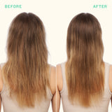 Before and after comparison of hair treatment on a person with long, straight hair.