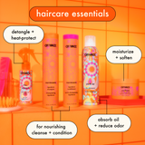 amika's signature collection pictured. text: "haircare essentials: detangle + heat-protect with the wizard. for nourishing cleanse + condition with normcore shampoo + conditioner. absorb oil + reduce odor with perk up. moisturize + soften with soulfood mask. 