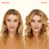 Before and after comparison of a woman with blonde hair on a white background