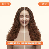 a before an after model image. left side is before, right side is after. text reads: hair is 3x more hydrated*. disclaimer reads: *clinically proven when hydro rush shampoo + conditioner are used together as a system. 