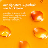 Sea buckthorn berries on an orange background with text about its benefits.