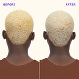 Before and after comparison of a person with blonde hair on a white background
