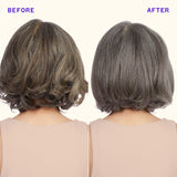 Before and after comparison of a person with gray hair, showing a transformation.
