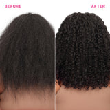 Before and after comparison of hair texture, showing frizzy, dry hair on the left and defined, glossy curly hair on the right, with the words BEFORE and AFTER in pink text at the top.