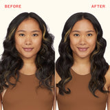 Before and after comparison of a woman with wavy hair, wearing a brown top.