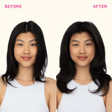 Before and after comparison of a woman with long black hair on a plain background.