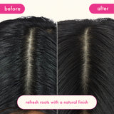 a before-and-after image: left is model before using perk up plus dry shampoo, right is after. 'refresh roots with a natural finish'