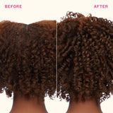 Before and after comparison of curly hair with a white background